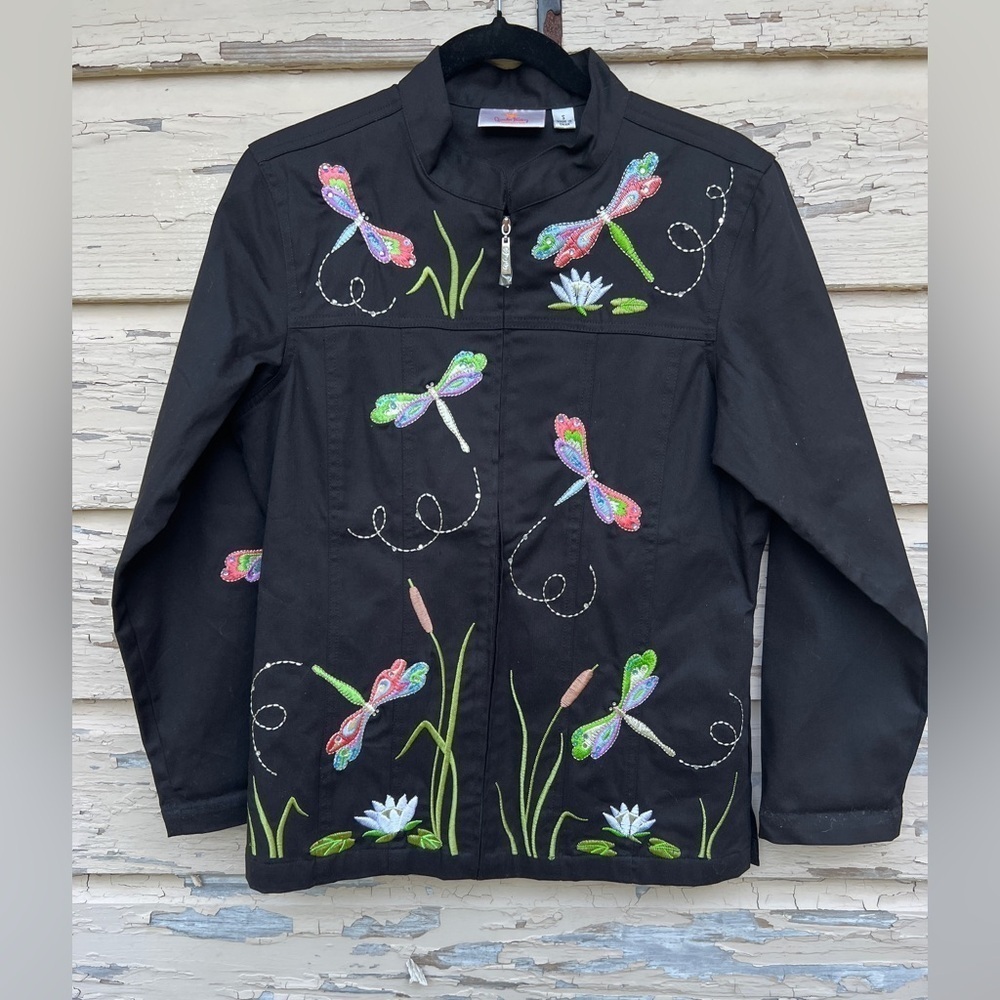 Quacker Factory Embroidered Dragon Fly Novelty Full Zip Spring Jacket NWOT S